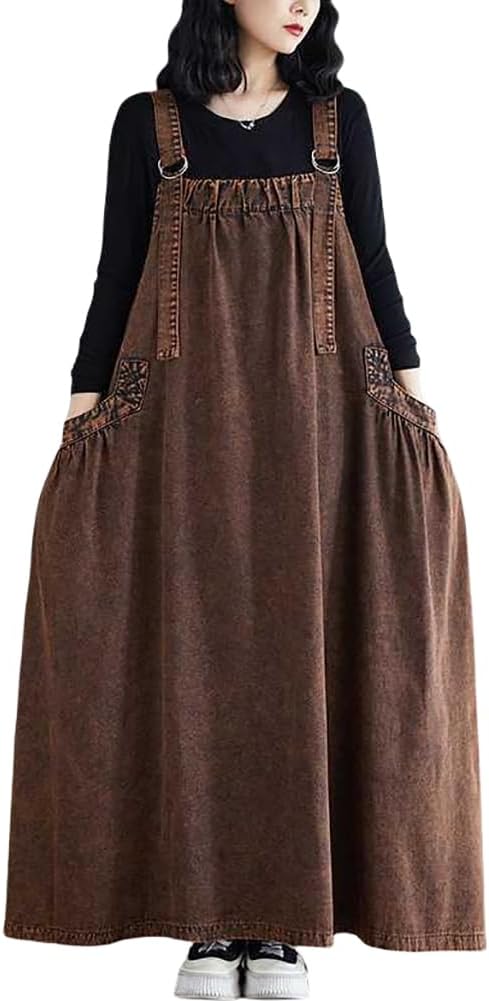 EXPOING Boho Jumper Dress for Women Loose Overall Pinafore Dresses Adjustable Straps Wide Hemline with Pockets Baggy Style