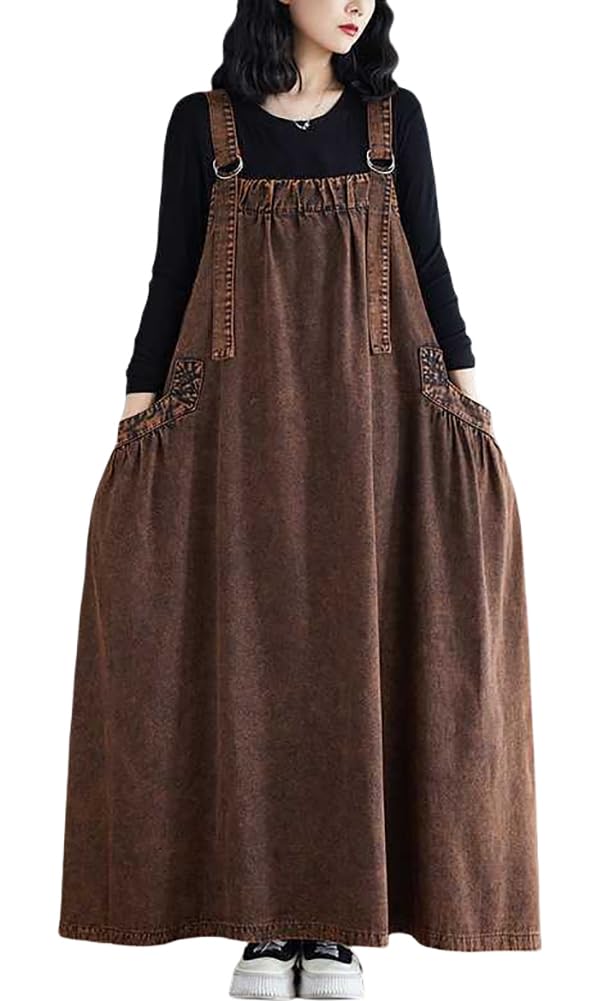 Boho Jumper Dress for Women Loose Overall Pinafore Dresses Adjustable Straps Wide Hemline with Pockets Baggy Style