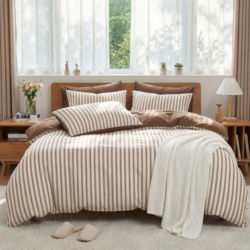 Image of Nayoroom Striped Duvet Cover Queen Reversible Beige Brown Stripe Bedding