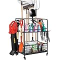 Garden Tool Storage Organizer with Wheels, Yard Tool Stand Holder Racks, Garage Tool Rack, Garden Tool Rolling Cart, Garage Organizers and Storage Hold Garden Tools for Garage Lawn and Outdoor