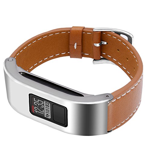 C2D JOY for Garmin Vivofit3/JR Case Leather Bands - Metal Steel Case with Leather Bands Only for Garmin Vivofit 3 and Vivofit JR Brown (5.9-8.2in)
