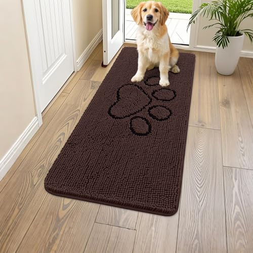 Image of Smiry Dog Door Mat for Muddy Paws, Absorbent Dirt Trapper Non Slip Quick Dry Washable Chenille Mat for Mud Dogs, Entry Rug for Indoor and Outdoor (47x24 Inches, Brown and Black)