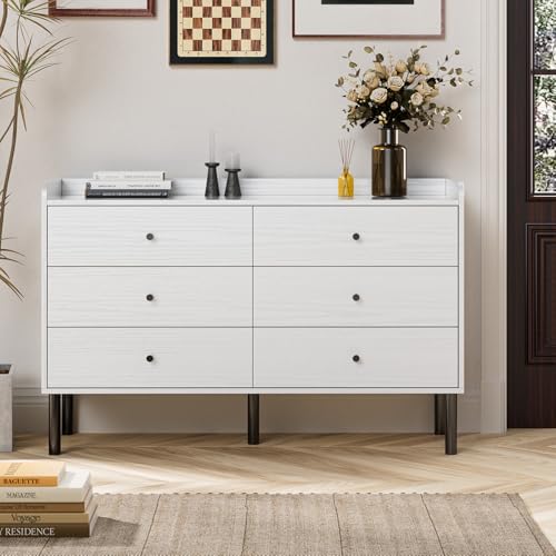 Modern White 6-Drawer Dresser for Bedroom with Metal Handles