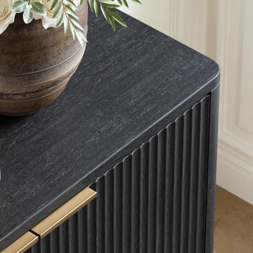 Image of Evermagin 94.5 inch Fluted Black Buffet Cabinet with Storage | Mid-century modern wood sideboard, large credenza with 6 doors for kitchen or living room, 94.5 inchW x 31.5 inchH x 15.7 inchD