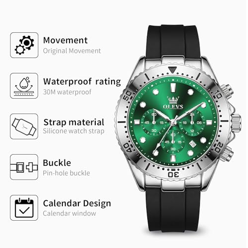 Image of OLEVS Men's Watches Sport Chronograph Analog Quartz Watch for Men with Date Waterproof Dress Casual Fashion Watch Soft Silicone Rubber Strap Band, Unidirectional Bezel & 42mm Big Face