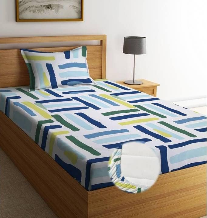 DECOMIZER Cotton Feel Glace Cotton Elastic Fitted All Around Printed Full Length Single Bed Bedsheet With 1 Pillow Cover 300 TC Fits Upto 6 Inches Mattress,Size- 42X75X8 Inches,White Lines