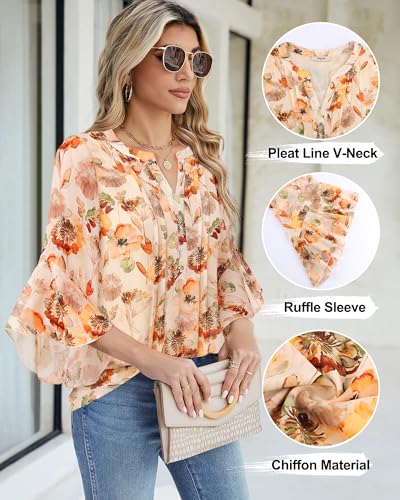 Image of Timeson Women's Short Sleeve V Neck Blouses Shirts Floral Double Layers Mesh Tunics Tops
