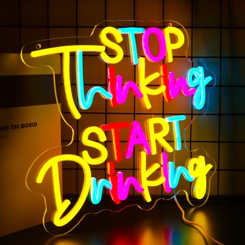 Image of Stop Thinking Start Drinking Neon Signs Multicolor Letter Neon Lights Wall Decor for Home, Bar, Man Cave, Party, Club, Restaurant Gift Art for Boys Girls-13.7 x 12.2 IN-USB Powered-Acrylic