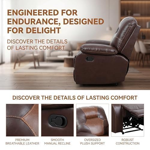 Image of Oversized Single Leather Manual Lounge Recliner Chair Bed, Brown