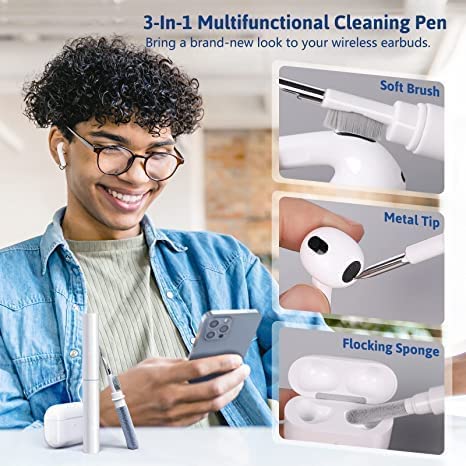 Image of QIQI Cleaner Pen Kit for Airpods, 3 in 1 Multifunction Bluetooth Earbuds Cleaning Pen with Soft Brush, Portable Cleaning Pen for Airpods Pro, Earphones Case, Keyboards, Laptops and Mobiles