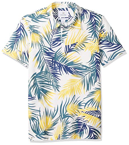 Amazon Brand - 28 Palms Men's Relaxed-Fit Performance Cotton Tropical Print Pique Golf Polo Shirt, Blue/Yellow Palm Leaves, Large