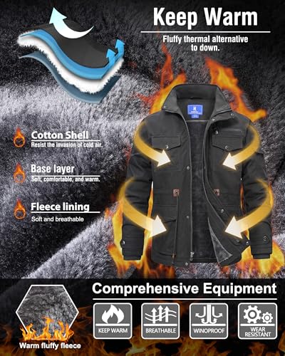 Image of Rapoo Men's Winter Jacket Cotton Work Military Jackets Fleece Lined Thick Warm Cargo Coats with Hooded