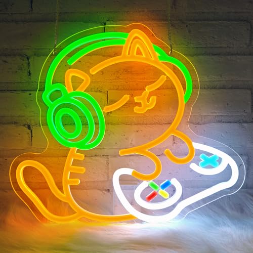 Image of Cat Gaming Neon Sign for Wall Decor, Cute Gamer Cat LED Neon Light with Headphones & Game Controller, USB Powered Dimmable Gaming Room Neon Sign for Bedroom Desk Setup Man Cave Decor