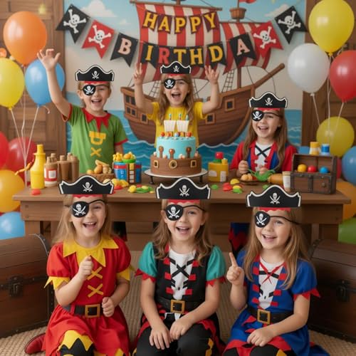 Gleemix 12 Stück Piraten Deko Kindergeburtstag, Karneval Piratenhut Kinder Augenklappe Pirat, Filz Maske für piratenparty Geburtstagsdeko, Fasching Verkleidung, Halloween Maskenball