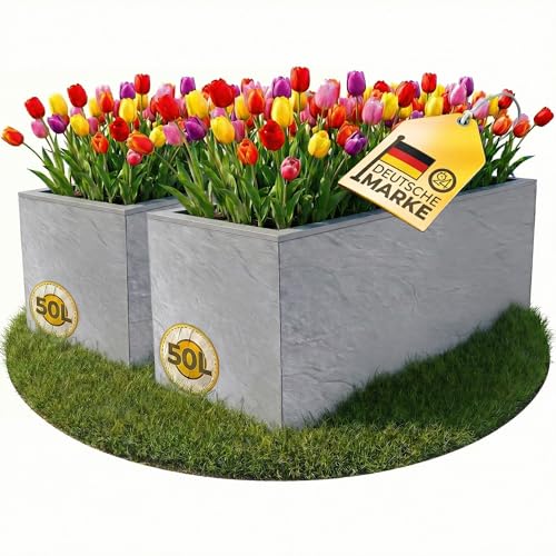 Ondis24 2X Pflanzkübel Vulkano, je 50L Pflanzvolumen, rechteckig, Blumenkasten mit Wasserspeicher, Balkon Terrasse, Blumenkübel, Doppelpack (Hellgrau)