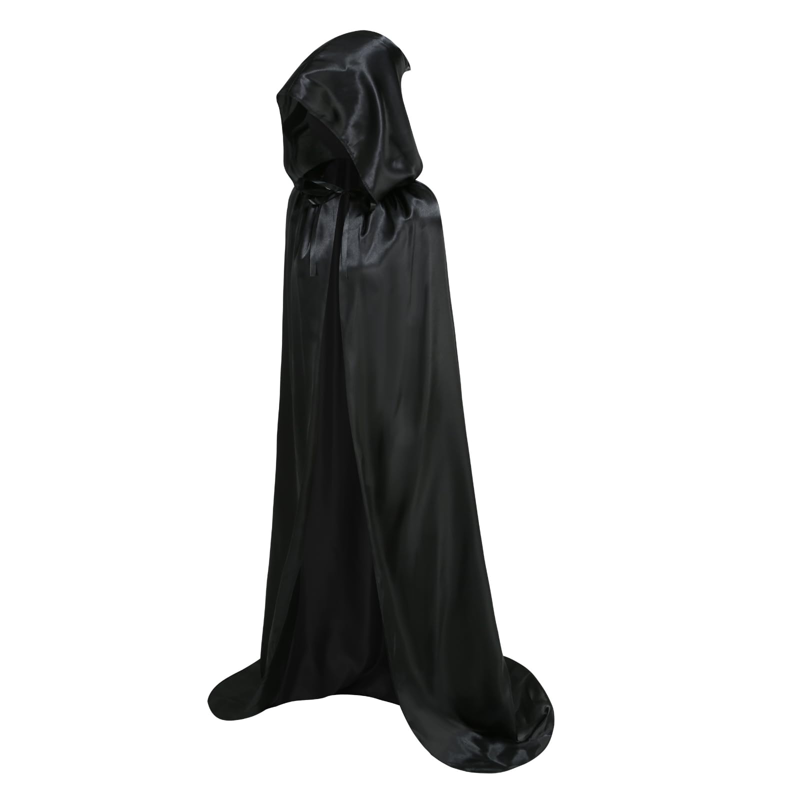 RRCBMD Adult Satin Hooded Cloak Unisex Long Black Cape with hood Ponchos Women Men Halloween Cosplay Cloak Costume 66.9Inch