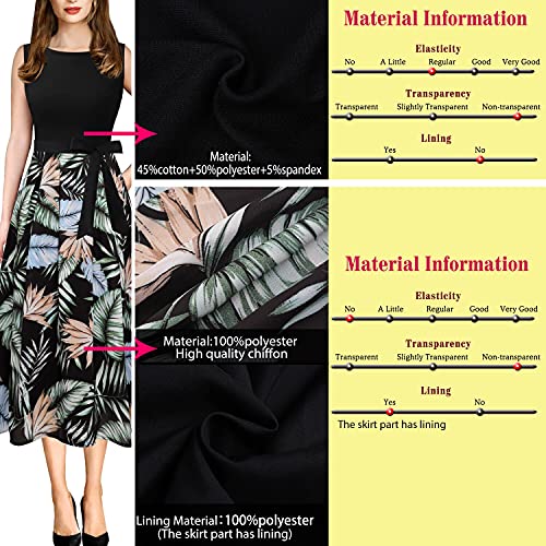 Vfshow Womens Black And Green Leaf Print Chiffon Patchwork Pockets Belted Pleated Work Business Office Casual A-Line Midi Dress 7897 Blk Xl #TOP6
