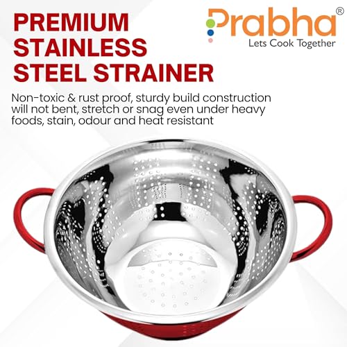 Image of Prabha Colander Stainless Steel Strainer Sieves, 3000ml, 24cm | Kitchen Strainer with Handle-Essential Kitchen | Colanders Bowl, Basket | Colander for Rice Straining Washing Fruits, Vegetables