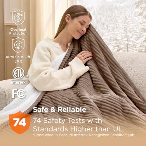 Image of Bedsure Ribbed Heated Blanket Throw XL, Brown Electric Blanket, Preheat