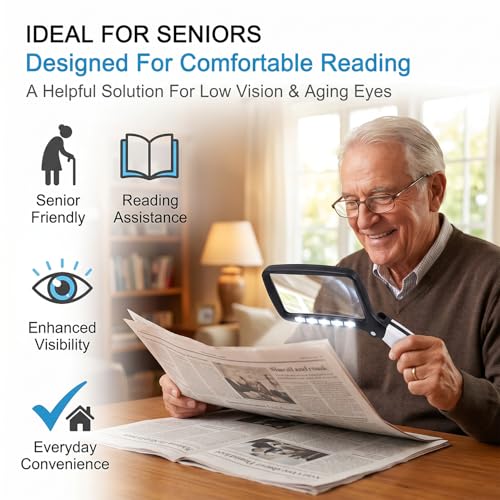 Image of 2X Rectangular Handheld Reading Magnifying Glass with Light, Folding Handle, 5 LED Lighted Magnifying Glass for Reading,Seniors, Low Vision, Macular Degeneration, Hobbyists (Black and White)