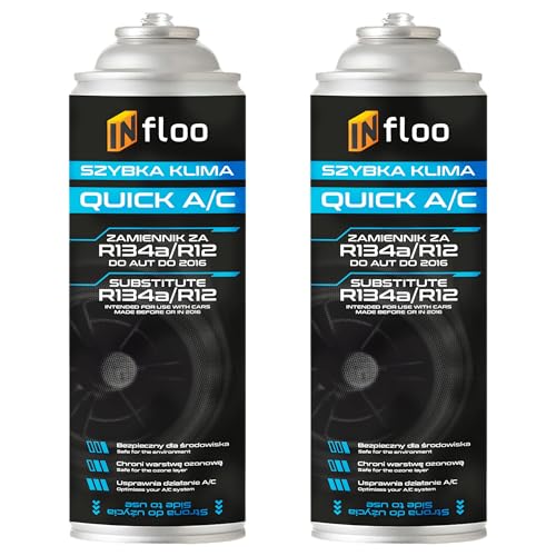 INfloo 2x Quick A/C R134a – Gas refrigerante 2x185g con válvula de retención + Guantes | Para aire acondicionado de coche | Para vehículos hasta 2016 | Sustituto de R134a