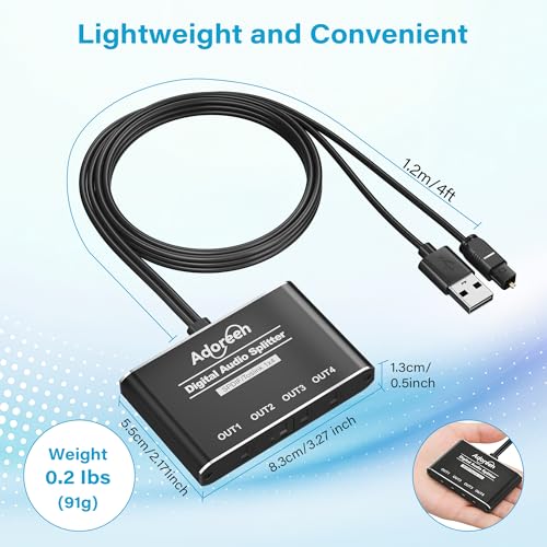 4 Way Digital Optical Audio Splitter 1 In 4 Out Active Toslink SPDIF Fiber Optic With USB Powered, LPCM 2.0, PCM, Dolby, DTS 5.1 for HDTV, Home Theater, Soundbar, Receiver, Amplifier- Unidirectional by Adoreen - Used condition - Image 7