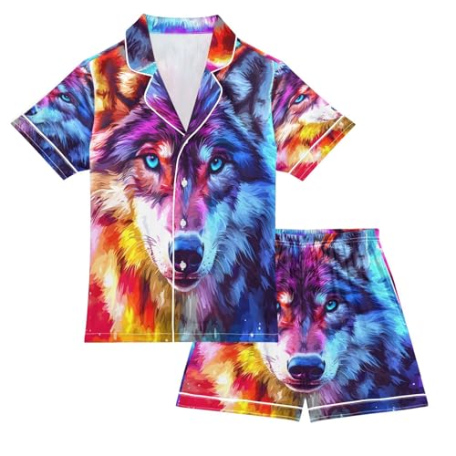 ALAZA Wolf Blue Abstract Satin Pajamas Set Short Sleeve Button Down Sleepwear Summer Pjs 2 Piece