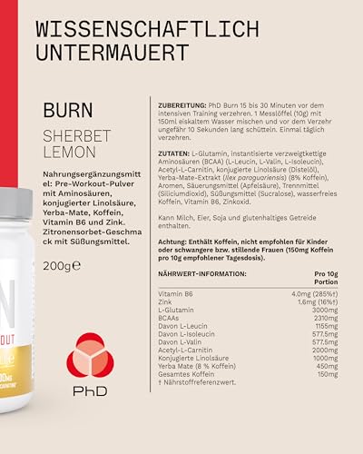 PhD Nutrition Burn Pre-Workout Pulver 200g Zitronenbonbon - Pre Workout Booster zur Unterstützung von Leistung und Fettverbrennung, Enthält Koffein, L-Carnitin, Zink & Vitamine – Bild 5