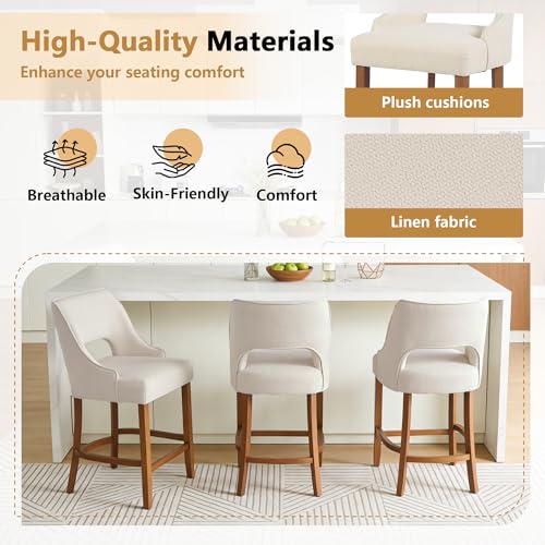 Butacos modernos de bar, set de 2 unidades, altura para barra (26 pulgadas), con respaldo y reposapiés curvo, tapizados en beige con patas de nogal, para isla de cocina, comedor y bar miniatura 5