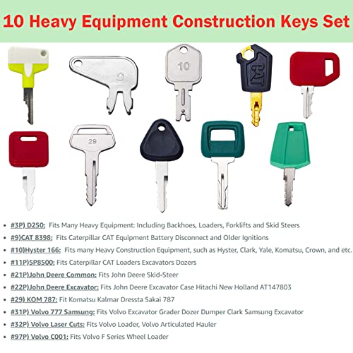 Image of 10PCS Heavy Equipment Construction Operators Keys, Master Ignition Key Set for John Deere Volvo CAT Caterpillar Komatsu Hyster Bobcat D250 and More.