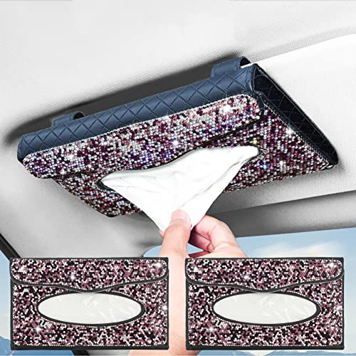 eing Car Sun Visor Tissue Box Holder Bling Crystal Napkin Box PU Leather Backseat Tissue Case Car Accessories for Women, 2 - Pack Purple