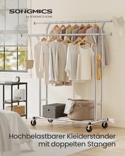 SONGMICS Schwerlast Kleiderständer aus Metall, bis 110 kg belastbar, Garderobenständer auf Rädern, Länge 129-169 cm, Verchromt HSR12S