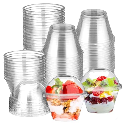 Image of 7oz 50 Set Clear Plastic Cups with Dome Lids (No Hole), Dessert Cups