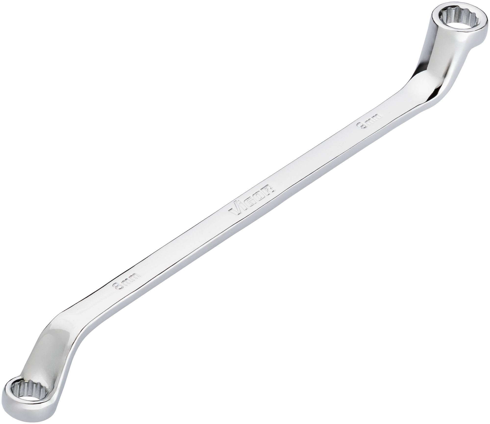 Vigor Double Ring Spanner V7750-8X9, SW 8 x 9 mm, External Double Hexagon Profile, 15 Degree Offset, 184 mm Length, Chrome-Plated, in Accordance with DIN 838/ISO 10104