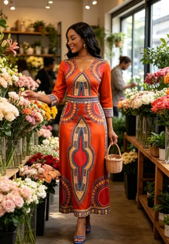 Image of VisiChenup African Print Dress for Women Casual Midi Dress