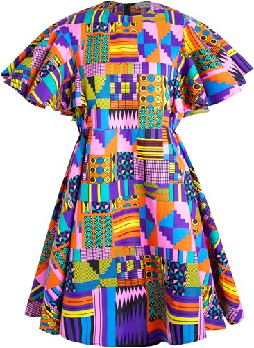 Image of Womens African Vintage Ruffle Trim Sleeve Ankara Tunic Swing Dress