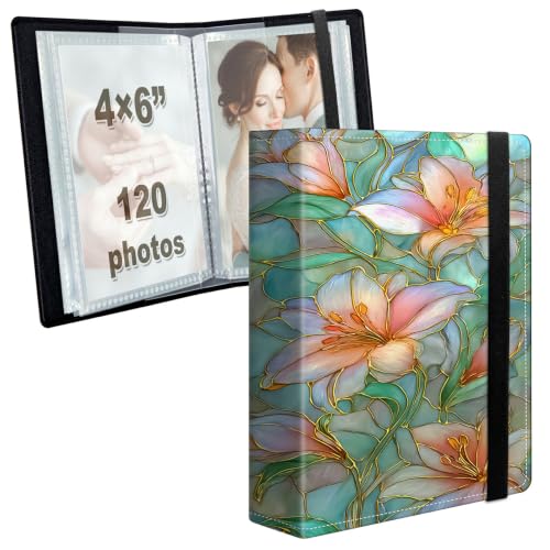 Image of Photo Album 4x6 120 Photos with Strong Elastic Band, Stained Glass Floral | Large Capacity Premium Leather Picture Album, Portable Wallet Albums Photo Book for Family Anniversaries Wedding Baby