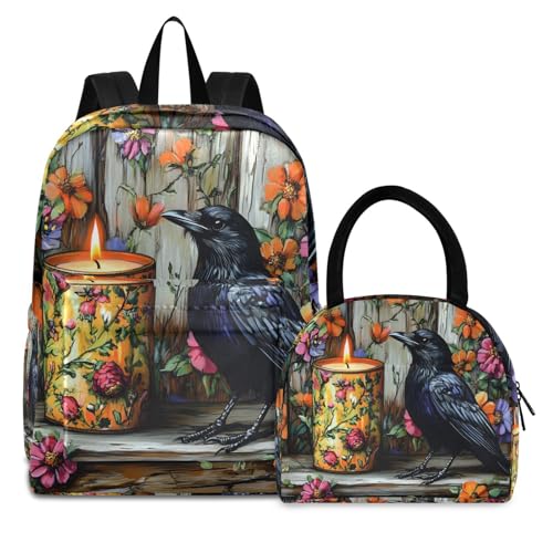 Backpack Lunch Bag Set Crow Gothic Print, Big Storage Travel Backpacks with Insulated Lunch Box for Office Hiking Picnic
