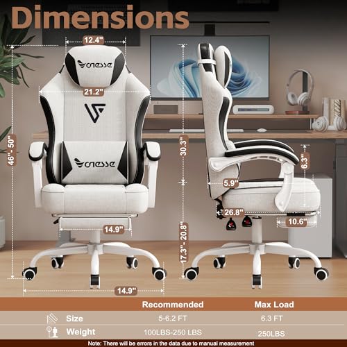 Image of Vonesse Gaming Chair, Office Chair with Linen Breathable Mesh Fabric, Desk Chair with Adjustable Lumbar Support, Executive Computer Chairs with Footrest and Headrest (Beige White)