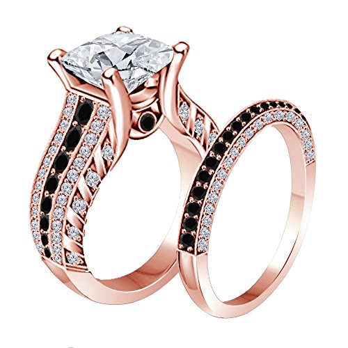 Women's Jewelry 14K Gold Plated Alloy Plated 2.00CT Dazzling Princess Cut Cubic Zirconia & Created Black CZ Round Wedding Band & Engagement Ring Bridal Set Free Sizes 4-11