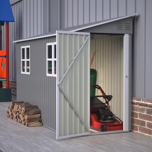 Cobertizo de metal de 4 x 10 pies con kit de suelo, cobertizo de jardín resistente con techo reprimido, puerta doble (se puede montar a la izquierda/derecha), 2 ventanas y ventilación, cobertizo