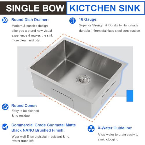 Image of 24 x 19 Inch Undermount Kitchen Sink, 16 Gauge Stainless Steel Single Bowl Under Counter, 24 inchx19 inchx9 inch Small Wet Bar Sink for Laundry Utility & RV with Drain