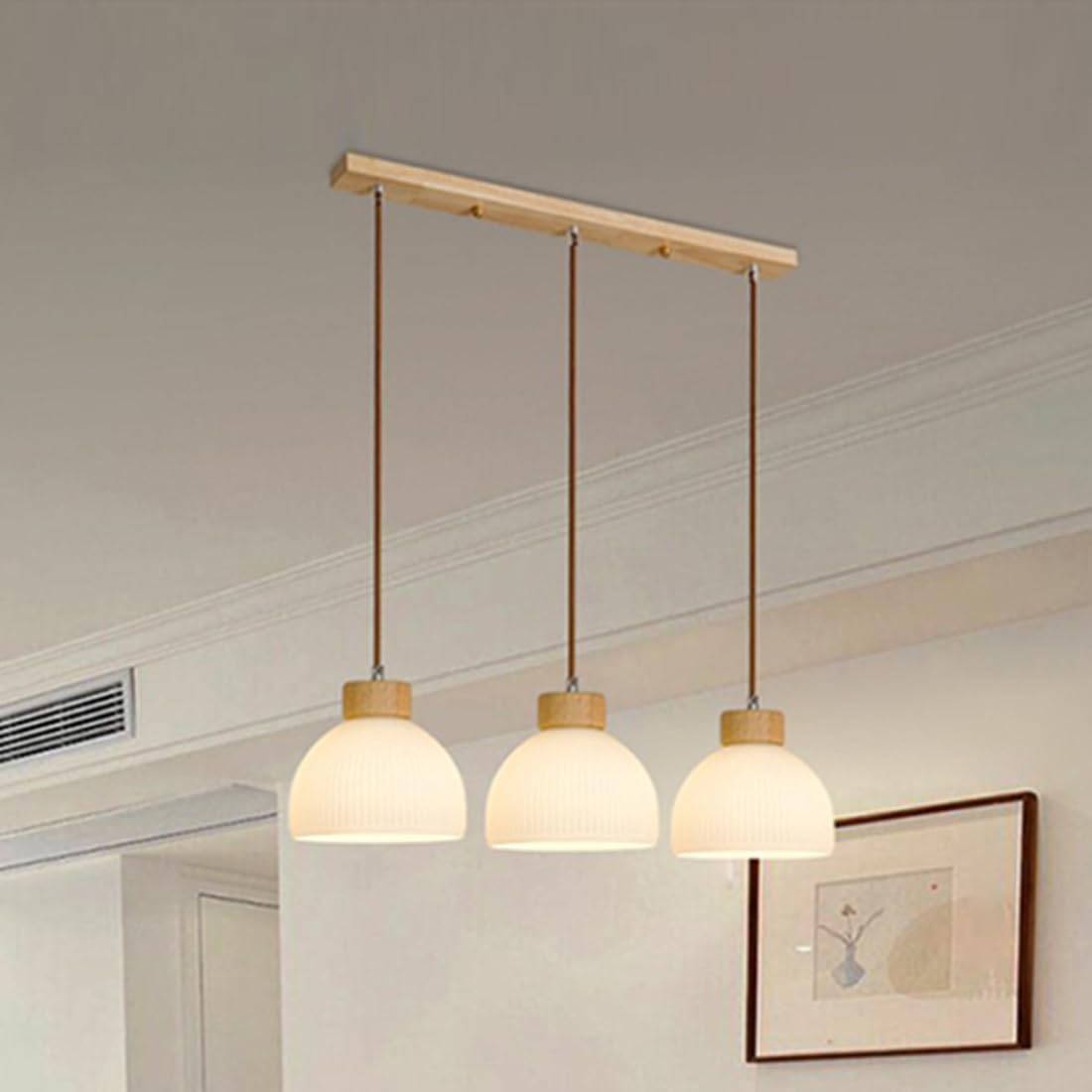 LED Pendelleuchte Holz Vintage Esszimmerlampe Modern Weißes Glas Schirm D55