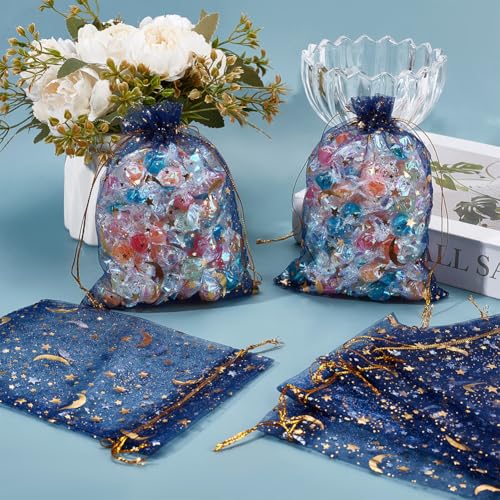 Beebeecraft 50Pcs Organza Bags Gold Stamping Stars Marine Blue Drawstring Mesh Bags Rectangle Candy Gifts Storage Favor Pouches for Christmas Wedding Party Valentine's Day 5x7 Inch - Image 4