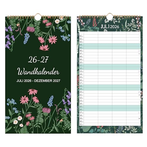 Familienplaner 2026 2027 - Wandkalender 2026 2027 Familienplaner 4 Spalten Familienkalender 2026 2027 von Juli 2026 bis Dezember 2027 38.2 x 22 cm Blütenblatt
