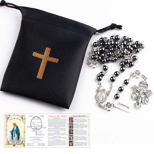 HanlinCC Catholic Rosary Necklace with Miraculous Medal and Pardon Crucifix with PU Leather Rosary Pouch and Pray Card for Men and Women2