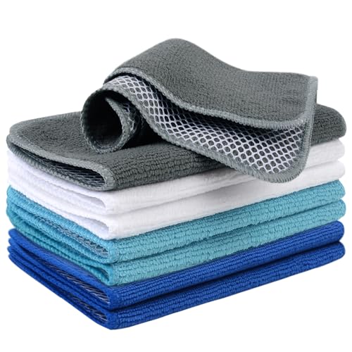 VIVOTE Paños de cocina de microfibra lavables con malla de poli estropajos, 8 unidades, 20 cm x 20 cm (gris claro, azul lago, blanco y azul marino)