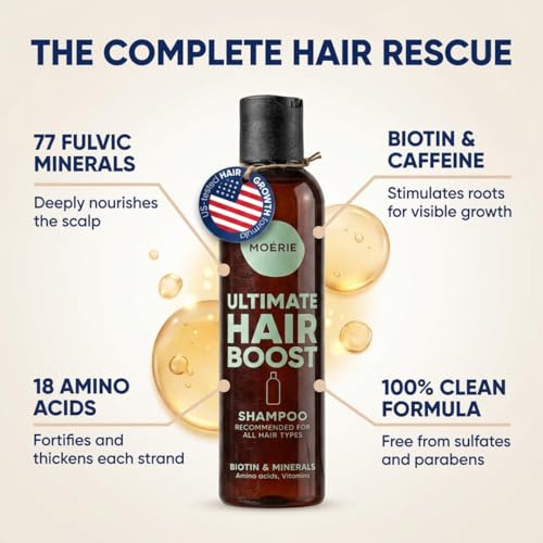 Image of Moerie Hair Growth Shampoo for Men and Women, Hair Loss Solution with Biotin and Rosemary, Thickening Shampoo for Thinning Hair - Ultimate Boost for All Hair Types, Triple Set