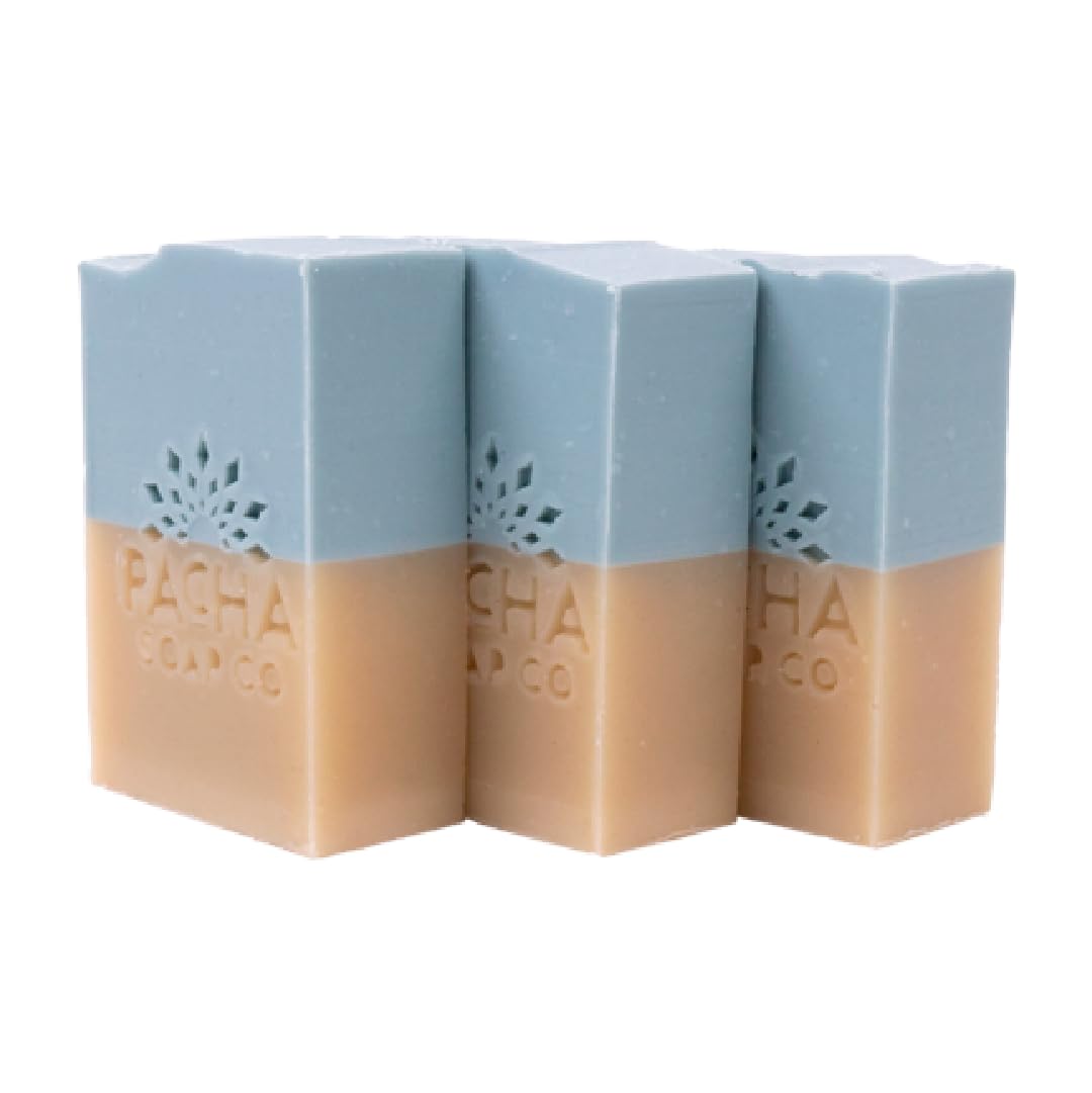 Pacha Soap Co. Sand & Sea Bar Soap - Clary Sage & Sandalwood Scent, Exfoliating & Hydrating, Artisan Face Wash, Hand Cleanser & Body Wash with Essential Oils, Made in USA, 3-Pack (4 oz ea)