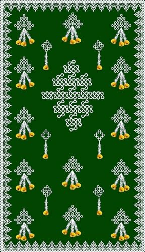 Image of Sri Yagnaa - Backdrop Cloth for Pooja Decoration Traditional - M 1 - Background Curtain Cloth for Festival Decoration (5x8 Ft) (Green Muggu Flowers Design Backdrop)